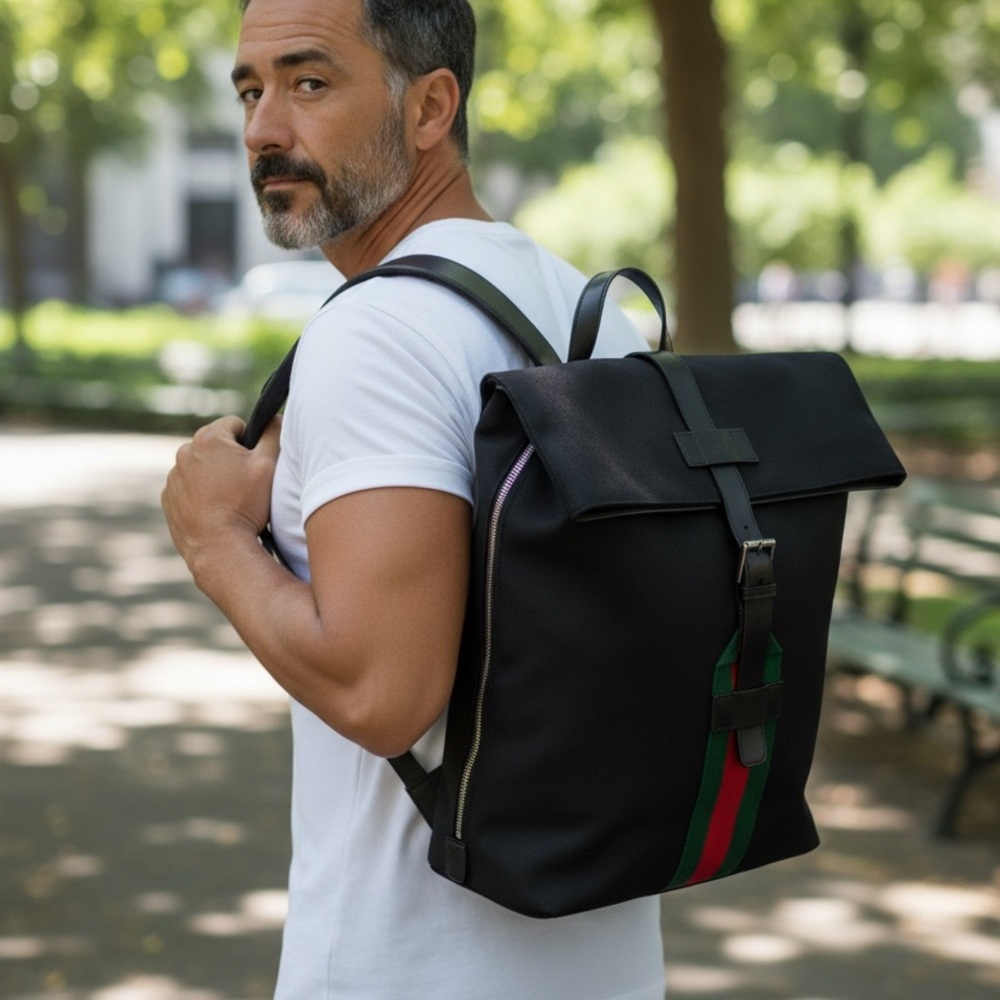 Authentic Gucci Black Backpack with Green and Red Stripes w/ entrupy certificate